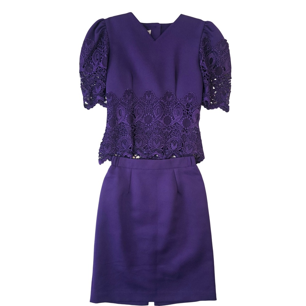 Digna Yero Vintage Purple 2 Piece Skirt Set Lace Top Mini‎ Skirt Made in USA 10